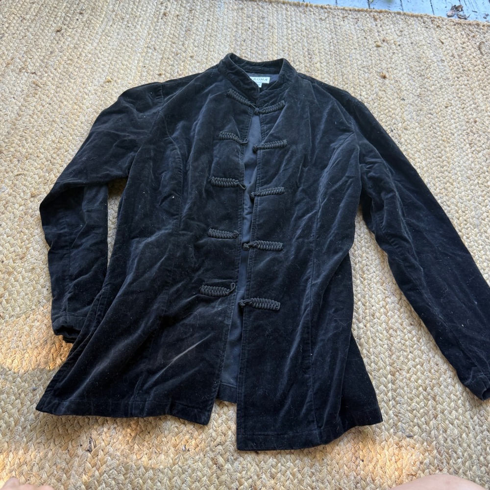 Vintage Merona Black Cotton Velvet Frog Toggle Mandarin Collar Jacket Y2K Large
